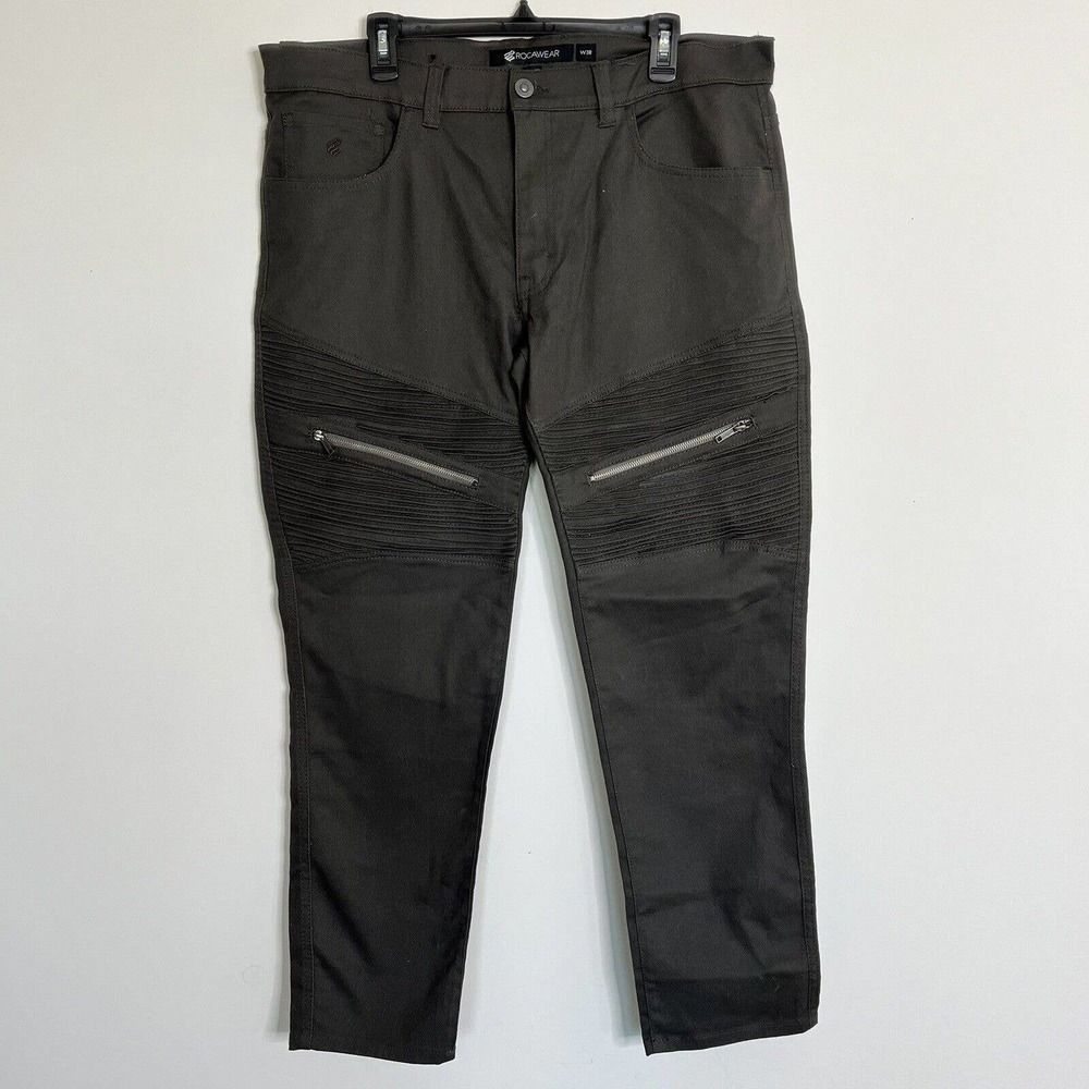 ROCAWEAR Mens Jeans Moto Urban Streetwear Slim Fit Denim Pleats Green 39 x 31